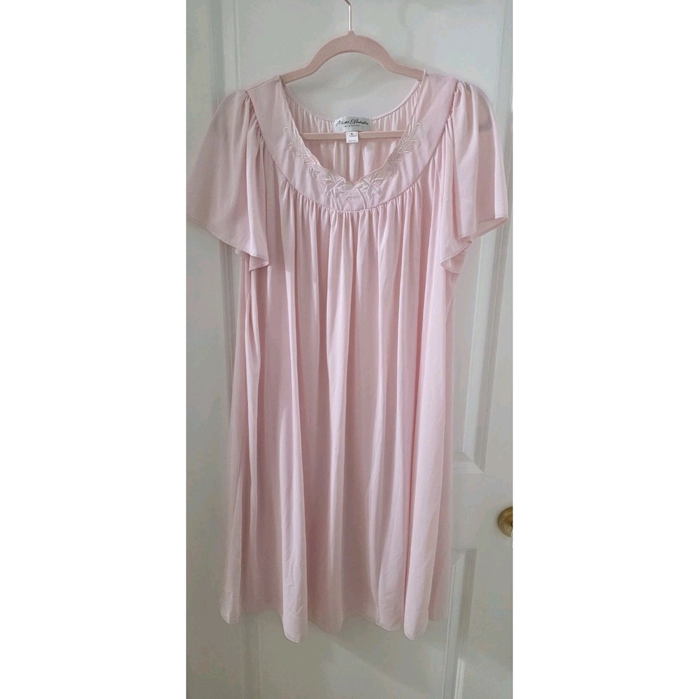 Miss Elaine Classics Pink Nylon Tricot Nightgown Embroidered XL Flutter Sleeve